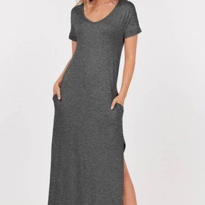 Short Sleeve Scoop Neck Gray Sun Dress W Pocket High Side Slits Sz L